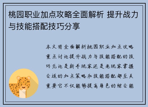 桃园职业加点攻略全面解析 提升战力与技能搭配技巧分享